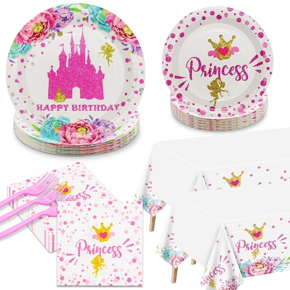 Princess Party Decorations - 162 pcs Castle Decorations Including Pink Paper Plates, Princess Napkins, and Tablecloth for Princess Belle Birthday Party Decorations Princess Party Supplies, Serve 40