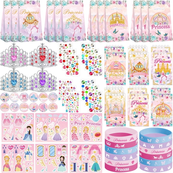 Princess Party Favors, Including 12 Gift Bag, 12 12 Silicone Wristbands, 12 Badge, 12 Notebook, 12 Gem Stickers , 12 Crown Tiaras, for Girls Princess Birthday Party Decorations Supplies Y114