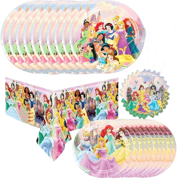 Princess Party Supplies - Princess Theme Tableware The set includes 9 inch plates, 7 inch plates,, Tablecloth, Napkins