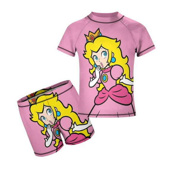 Princess Peach Boys Rash Guard Set 2 Piece Swimsuits Short Sleeve Bathing Suits with Trunks