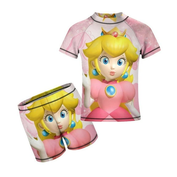 Princess Peach Boys Rash Guard Set 2 Piece Swimsuits Short Sleeve Bathing Suits with Trunks