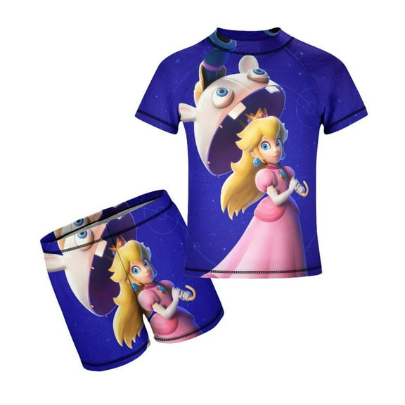 Princess Peach Boys Rash Guard Set 2 Piece Swimsuits Short Sleeve Bathing Suits with Trunks