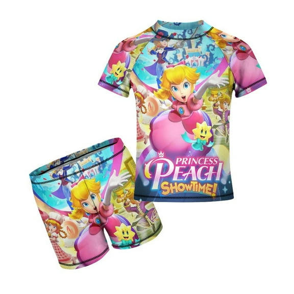 Princess Peach Boys Rash Guard Set 2 Piece Swimsuits Short Sleeve Bathing Suits with Trunks