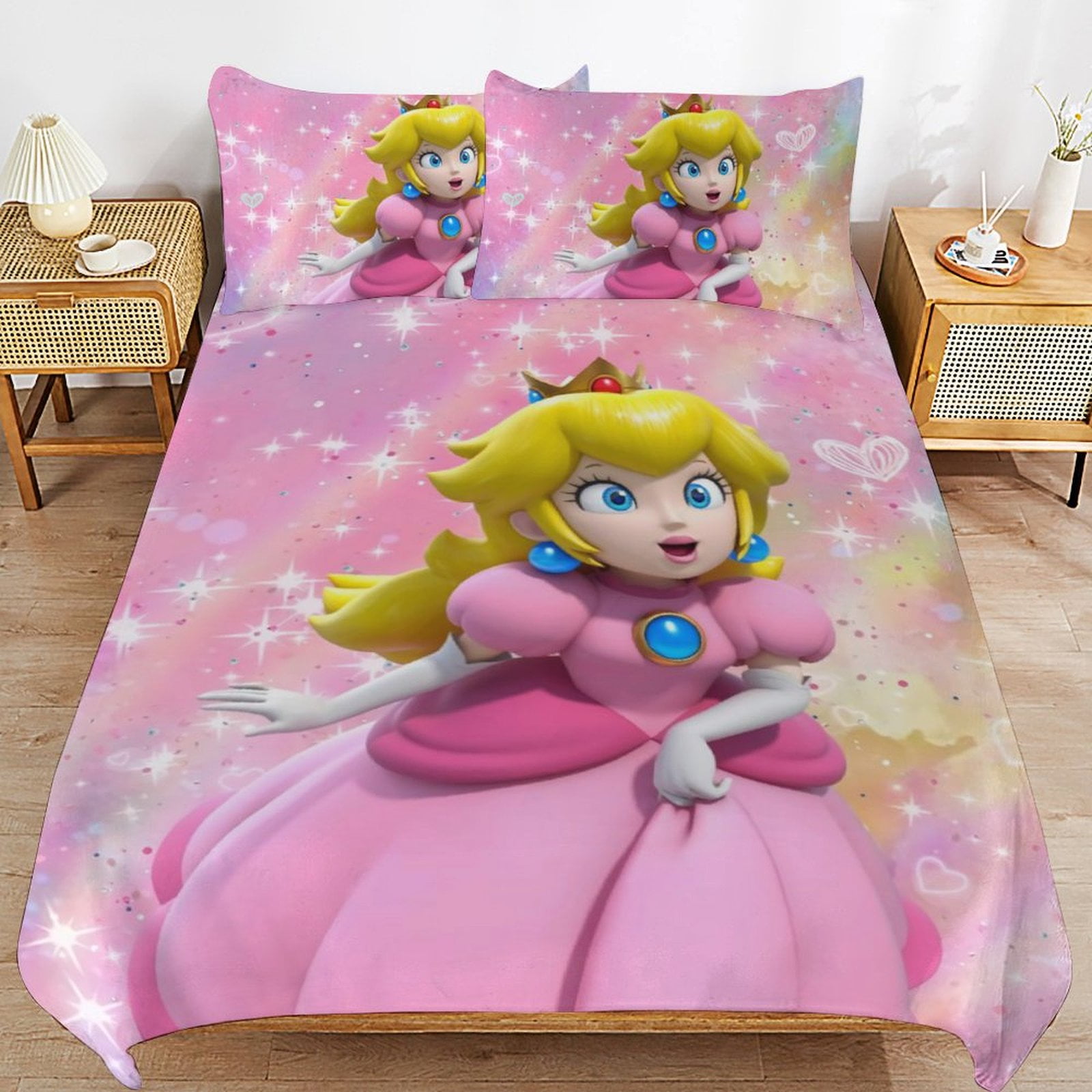 Princess Peach Cartoon 3 Piece Bedding Set, Cute Anime Printed Duvet Cover Sets For Adult Kids ...