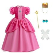 JINGDAN Princess Peach Costume Dress for Girls Halloween Costumes Cosplay Dress Up Outfit with Accessories,5-6T(Tag130）