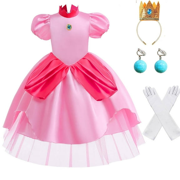 Princess Peach Costume Dress for Girls Halloween Party Outfit with Crown