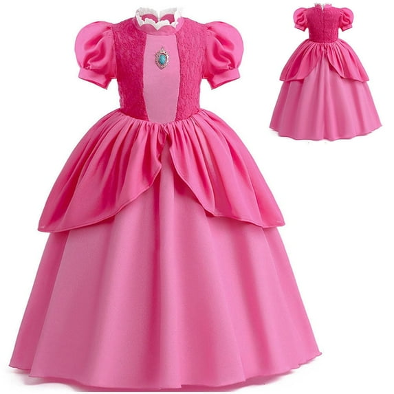 Princess Peach Costume Girls Puff Sleeve Dress Halloween Christmas Cosplay Outfit
