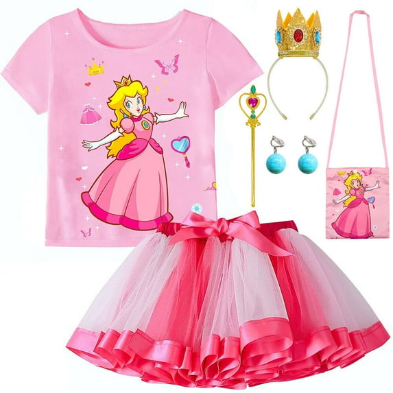 Princess Peach Costume Set for Girls, Super Bros Princess Peach Tutu Dress Cosplay Halloween Party