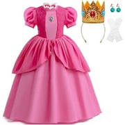 EKEZ Princess Peach Costume for Girls Deluxe Halloween Dress Up Outfit with Accessories