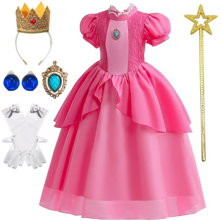 Princess Peach Costume for Girls Dress up Outfit with Crown Gloves Earring Wand 5-6Y(P03)