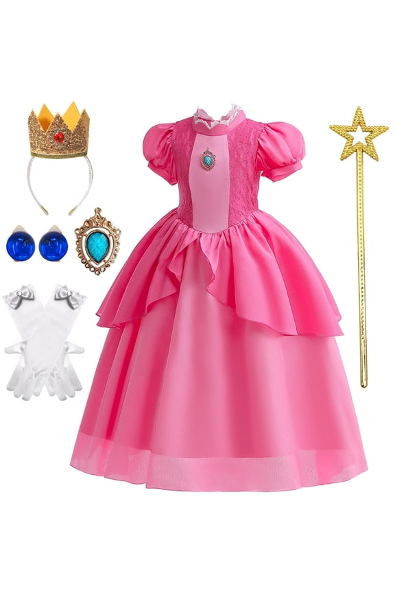 Princess Peach Costume for Girls Dress up Outfit with Crown Gloves Earring Wand 5-6Y(P03)