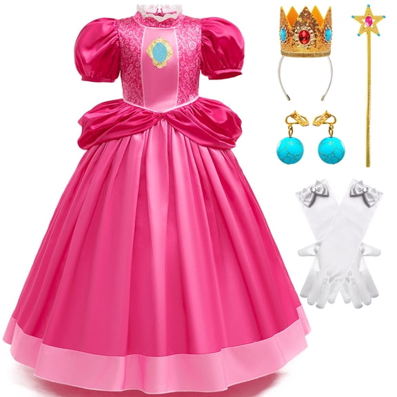 Princess Peach Costume for Girls Halloween Cosplay Dress with Accessories