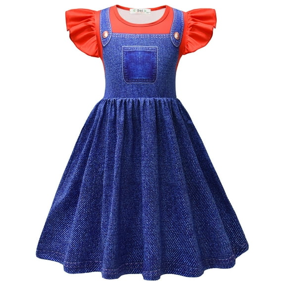 Princess Peach Dress for Girls Super Bros Costume Luigi Sundress