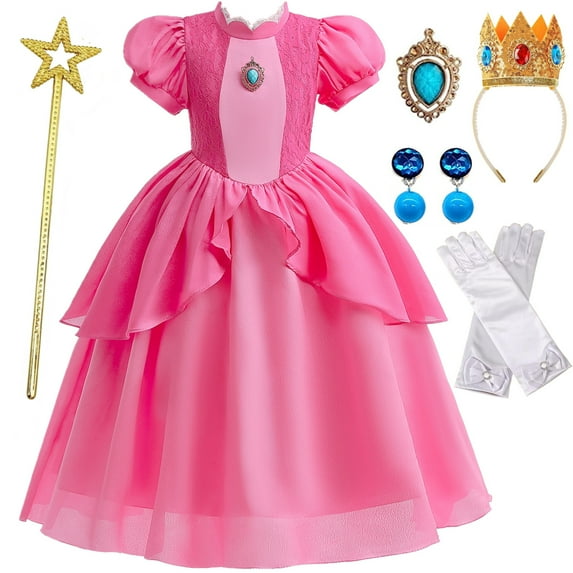 Princess Peach Dresses for Girls Costume Cosplay Party Dress with Accessories 5-6Years-120TZ03