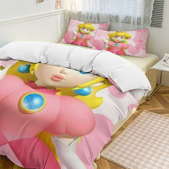 Princess Peach Duvet Cover Set 3-Piece Bedding Set Soft Warm And Comfortable Soft Bed Set with 1 Duvet Cover And 2 Pillowcases for Bedroom All Season