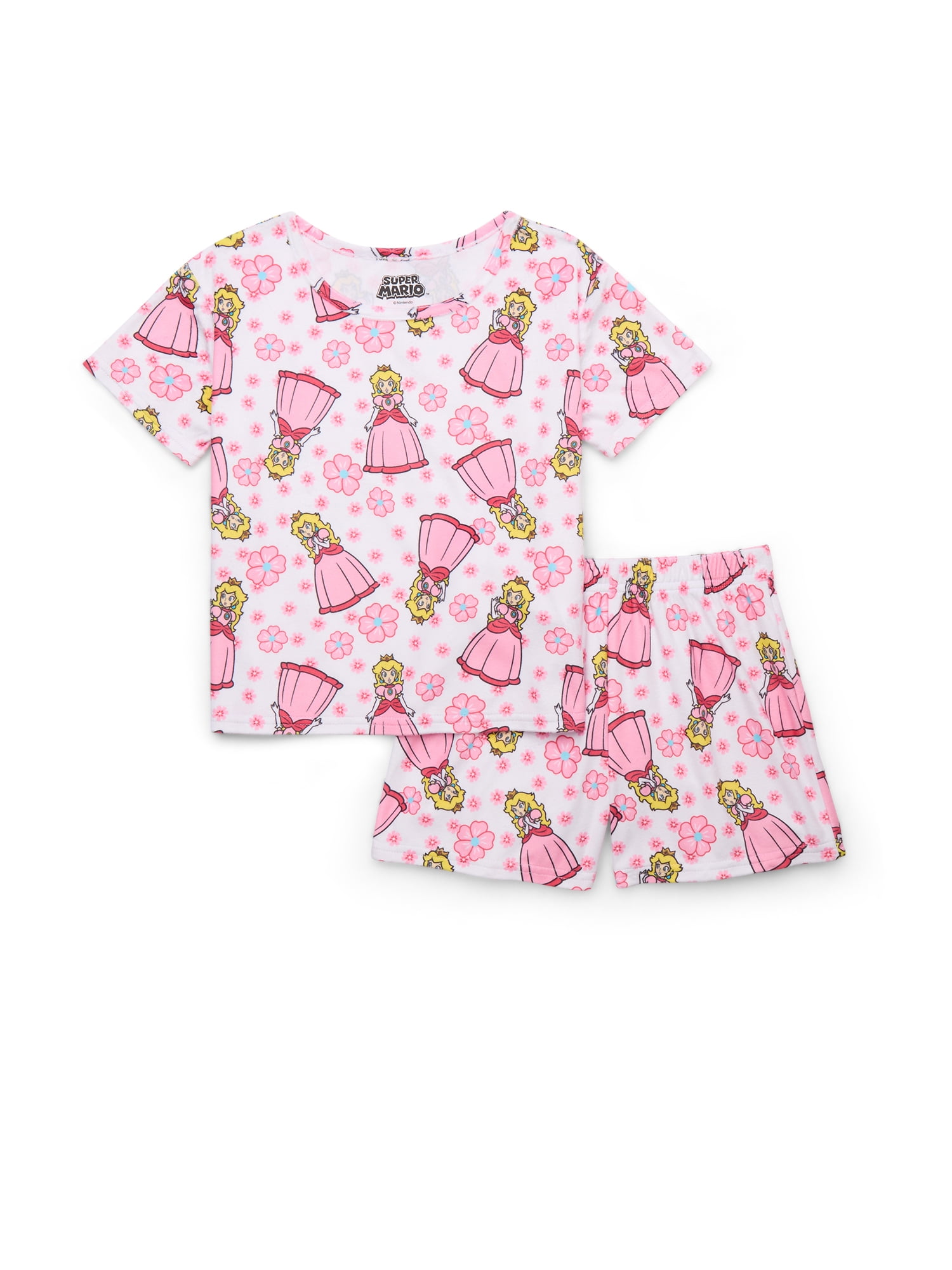 Princess Peach Girls Short Sleeve Top and Shorts Pajama Set, 2-Piece, Sizes 4-12