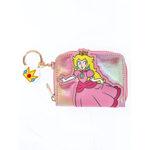 Nintendo Women's Princess Peach Wallet with Crown Charm Keychain, Pink Iridescent