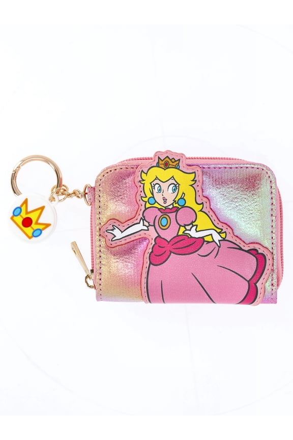 Nintendo Women's Princess Peach Wallet with Crown Charm Keychain, Pink Iridescent
