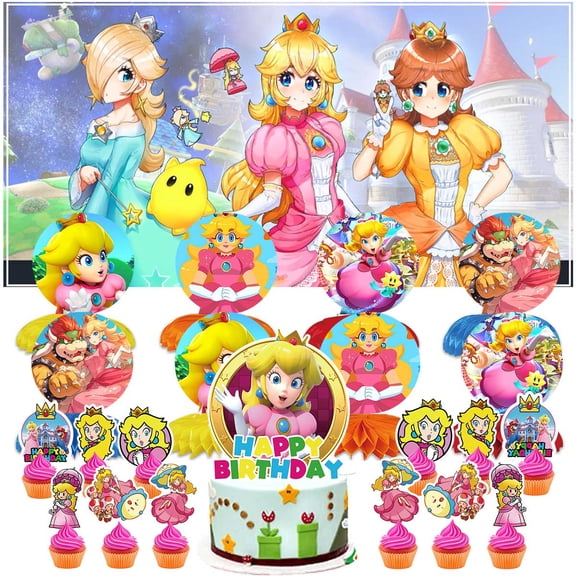 Princess Peach Party Decorations Banner Decor Supplies Honeycomb Centerpieces Table Toppers Cake Toppers for Birthday Photo Props