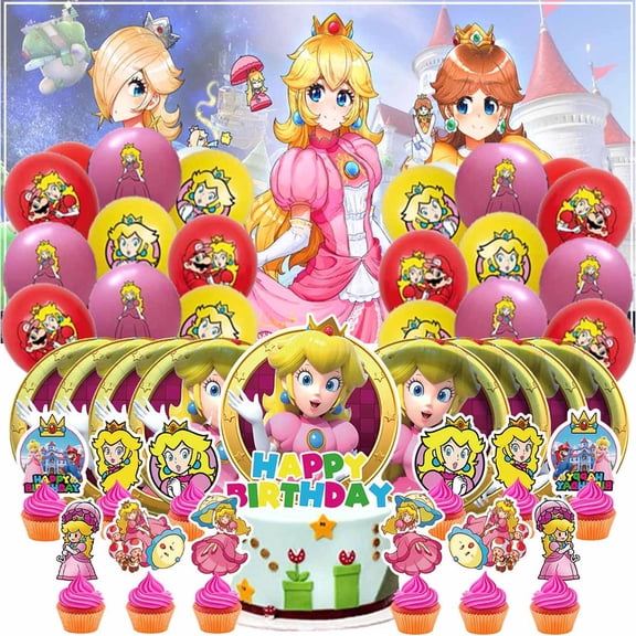 Princess Peach Party Supplies Decor Decorations Birthday Plates for Kids Tableware Balloons Cake Topper Fans