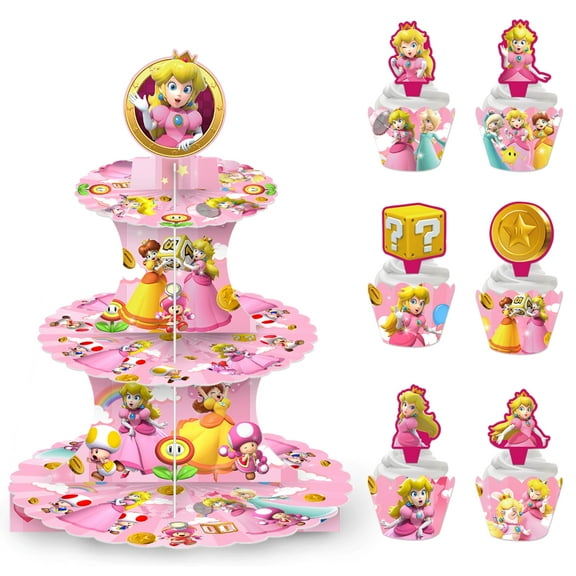 Princess Peach Themed 3-Tier Dessert Cupcake Stand with Cupcake Toppers and Wrappers Paper WrapsCake Decorative Serving Tray Stand Cardboard Cupcake Tower for Party Decorations.