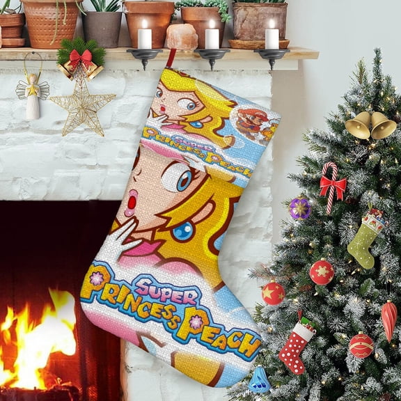Princess Peach-theme Christmas StockingsFine white linen for Stairs Fireplace Hanging Xmas Home Decor Christmas gift17.7"X12.6"(45cm32cm)