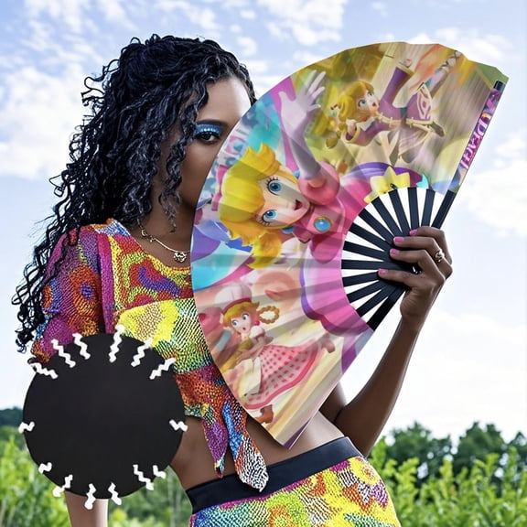 Princess Peach-theme Folding Fan Chinese Fan Hand Polyester Foldable Fan Fans for Dancing Party Home Suitable for Home, Office, Party