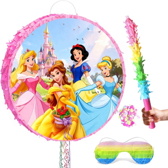 Princess Pinata,4 Pcs Princess Pinatas Bundle - Princess Theme Piata,Princess Party Pinata Stick & Princess Party Games Blindfold etc Princess Pinata Supplies for Princess Birthday Party Decorations