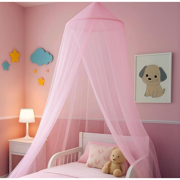Princess Pink Bed Canopy, Round Dome Bed Curtain for Girls, Dreamy Mosquito Netting for Kids, Bedroom Accessories, Ceiling Tent