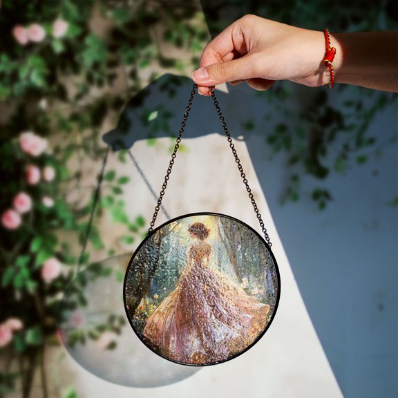 Princess in Pink Gown Stained Glass Window Hanging - Handmade Sun Catcher, Elegant Fairy Tale Art Panel, Royalty-Inspired Décor, Magical Gift for Princess Lovers, Dreamy Wall Ornament
