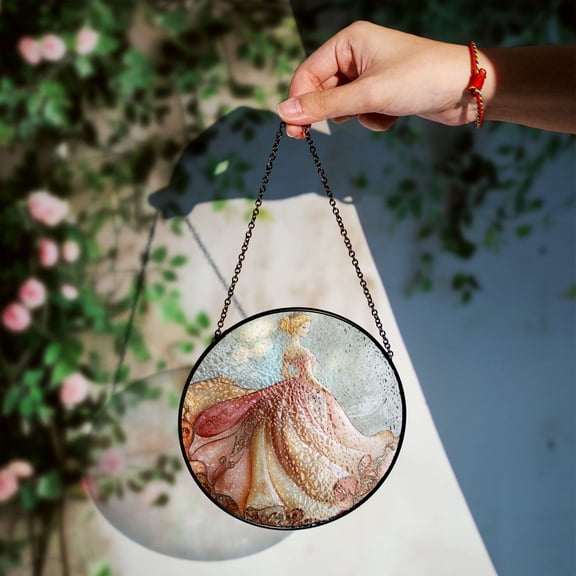 Princess in Pink Stained Glass Window Hanging - Handmade Sun Catcher, Elegant Fantasy Art Panel, Magical Fairytale Décor, Princess Gift, Dreamy Wall Ornament for Charming Spaces
