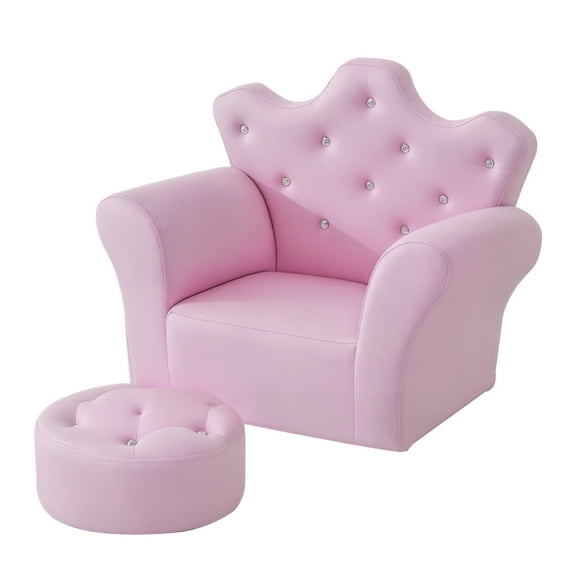 Princess Pink Faux Leather Sofa Set with Footstool | Crown Backrest | Wood Frame | Ages 3-5 | Playroom & Bedroom Furniture | 22.75" L