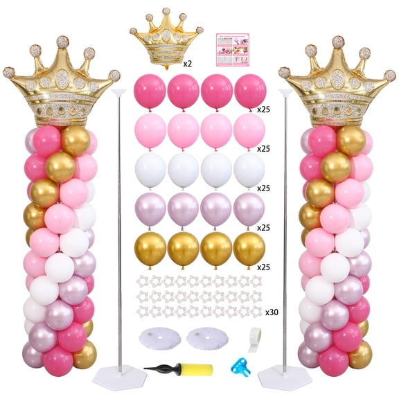 Princess Pink and White Gold Balloon Column Stand Kit Set of 2 for Floor Princess Birthday Party Balloon Arch Kit with 125PCS Pink White Gold Balloon Towers for Girl Birthday Party Decorations Y102
