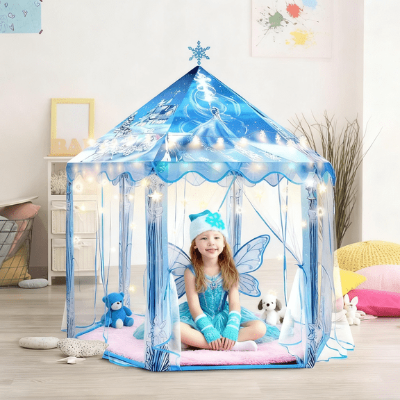Princess Play Tent, Frozen Toy for Girls, Ice Castle Kids Tent Indoor and Outdoor, Large Imaginative Playhouse with  Light String and Cosplay Suit for 1-15 Years Old Girls Gift