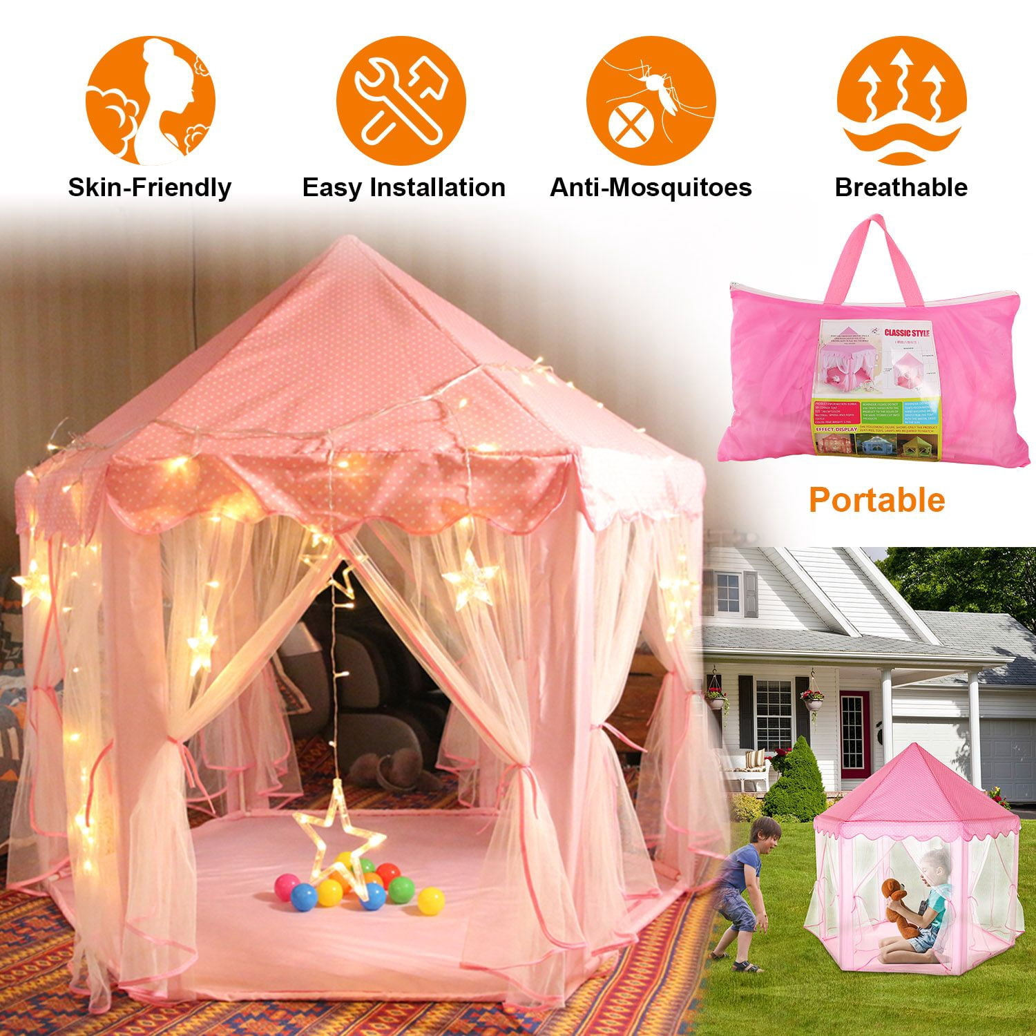 Princess Play Tent for Girls, Large Castle Playhouse with 6 Breathable Mesh Doors, Indoor Outdoor Play Tent for Backyard Garden Party, Sturdy Structure Easy Assembly, Gift for Kids Birthday