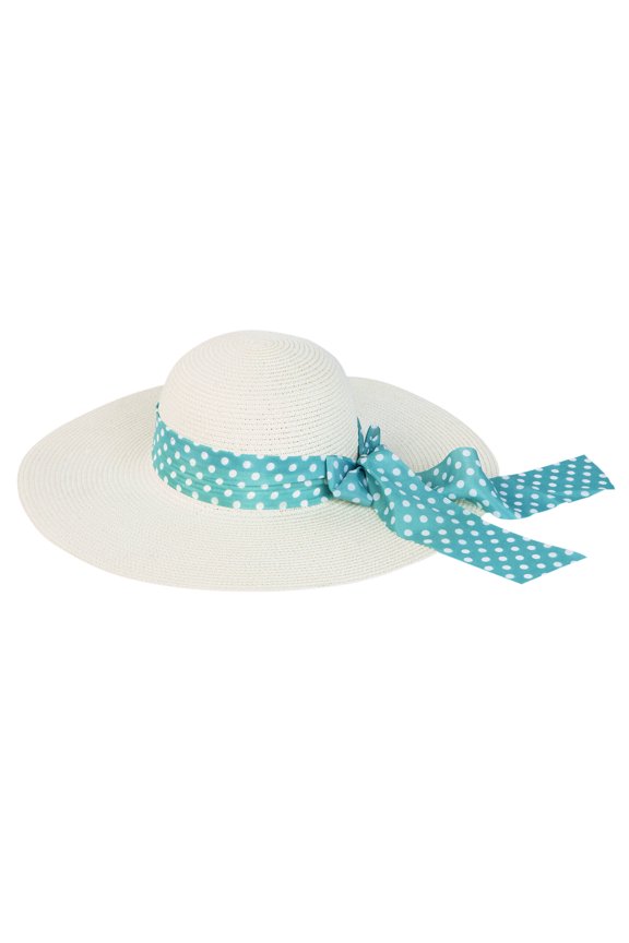 Princess Polka Dot Bow Natural Floppy Wide Brim Straw Beach Sun Hat