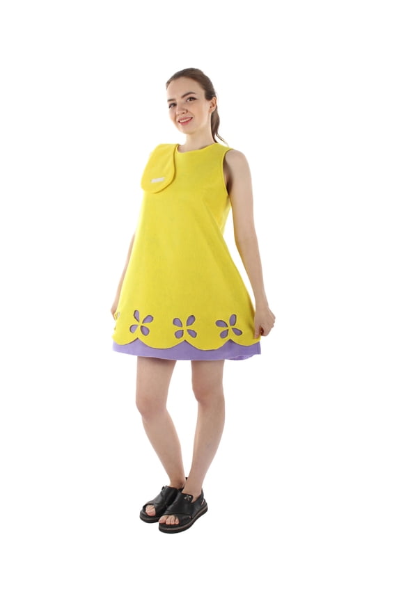 Princess Poppy Trolls Costume for Women Neon Yellow Felt A-Line Dress with Green Eyelet Dress for Halloween Cosplay