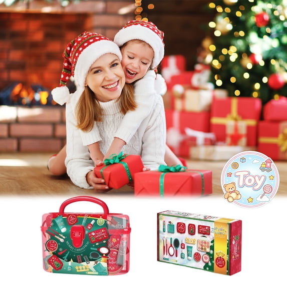 Christmas Themed Pretend Makeup Vanity Playset with Portable Storage Box, Salon Pretend Play Toys, Princess Styling Role Play Kit, Holiday Birthday Gifts, Toys for Toddler Baby Kids Girls, Age 3+
