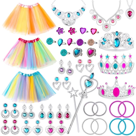 GROBRO7 Princess Pretend Jewelry Set,with Dress Earrings Ring Necklace Crown Wand Bracelet,51 Pieces