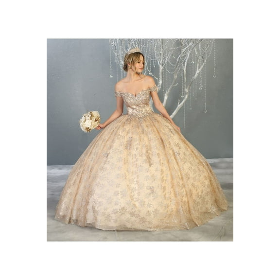 Women's Layla K LK152 Off The Shoulder Corset EmbroideChristmas - New Year Holiday Red Quinceanera Formal Ball Gown Champagne Goldish Beige And Gold 16 Beige/GOLD