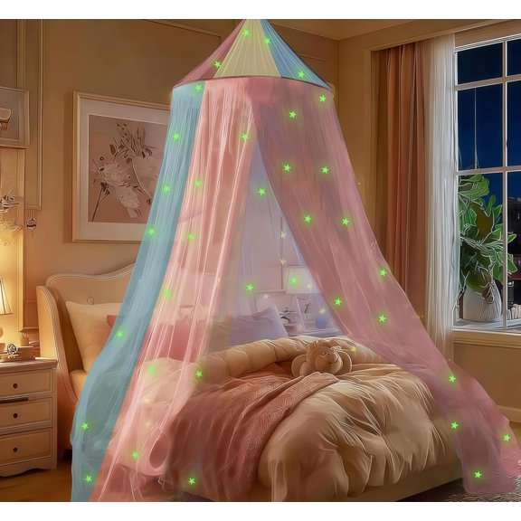 Princess Rainbow Bed Canopy for Girls with Glow-in-the-Dark Stars, Colorful Net Fits Most Single, Twin, Full and Queen Size Bed, Bedroom Accessories