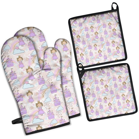 Princess Rainbow Castle Pattern Kitchen Oven Mitt and Pot Holder Sets 2 Pcs for Baking, Cooking and Grilling, Heat Resistant Up To 392 °F