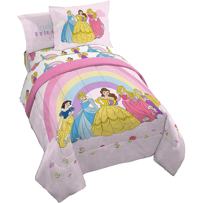 Princess & Rainbows Cinderella, Belle, Sleeping Beauty, Full Comforter,  Sheets and Shams (7 Piece Bed In A Bag)