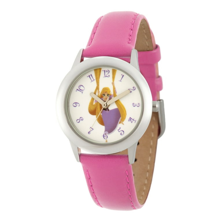 Princess Rapunzel Girls'Stainless Steel Watch, Pink Leather Strap