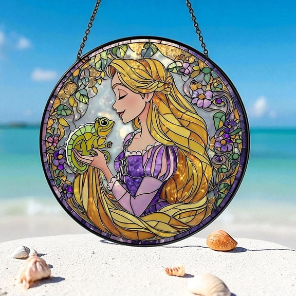 Princess Rapunzel Glass Suncatcher v3, Tangled Window Hanging, Disney Fairytale Art, 6.3 in