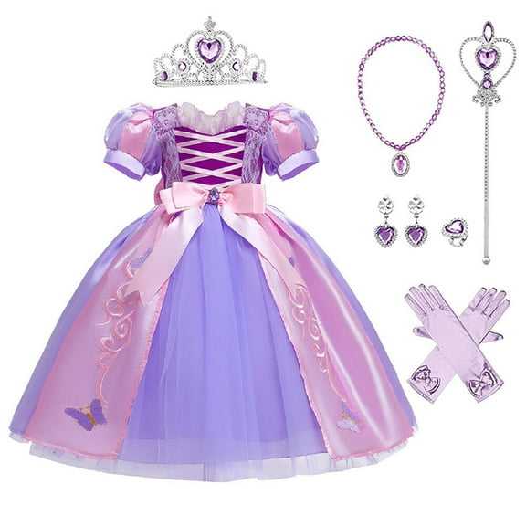 Princess Sophia Costume w/Crown for Girls Female Halloween Puff Sleeve Outfit, Little Girls 7-8