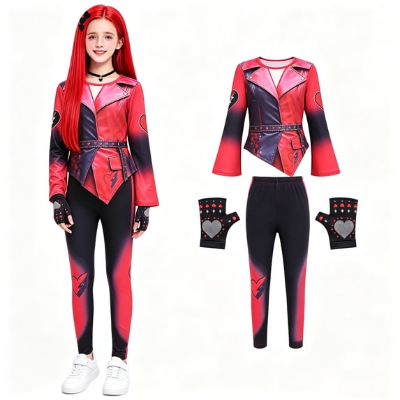 Princess Red Costume Wonderland Cosplay Halloween Costumes Accessory, Long Sleeve Shirt Pants with Gloves for Birthday Party Outfit Set
