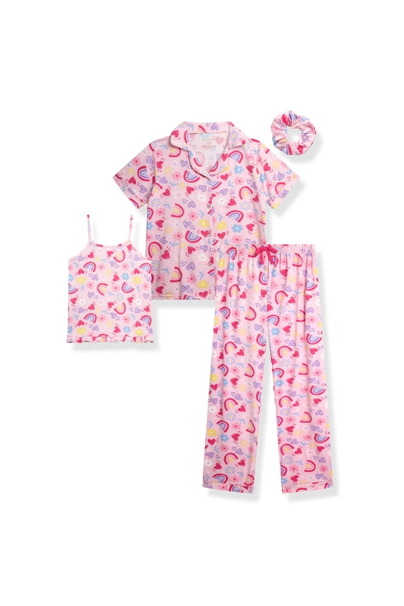 Girls Pajamas Set Cute Sleep Shirt Top Pajama Pants Shorts with Scrunchie 4 Piece