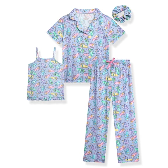 Princess Rose Girls Pajamas Set Cute Sleep Shirt Top Pajama Pants Shorts with Scrunchie 4 Piece