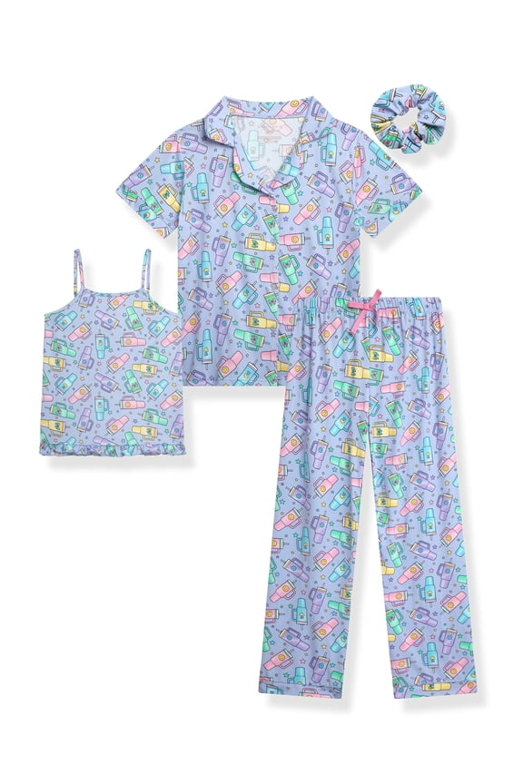 Girls Pajamas Set Cute Sleep Shirt Top Pajama Pants Shorts with Scrunchie 4 Piece